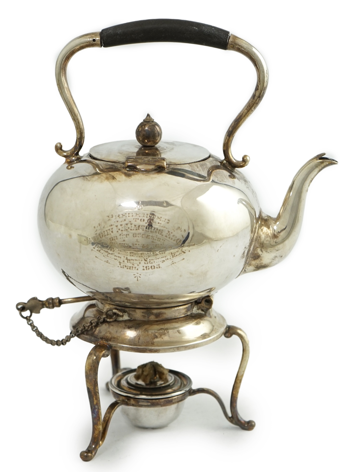 A late Victorian silver bachelor's tea kettle on stand with burner, by Martin, Hall & Co